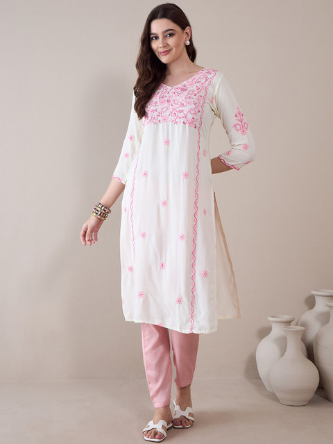 Anouk Floral Embroidered Thread Work Regular Straight Kurta - Image 3