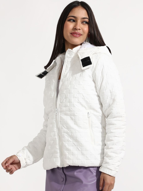 Campus Sutra Women White Checked Windcheater Hooded Padded Jacket - Image 3