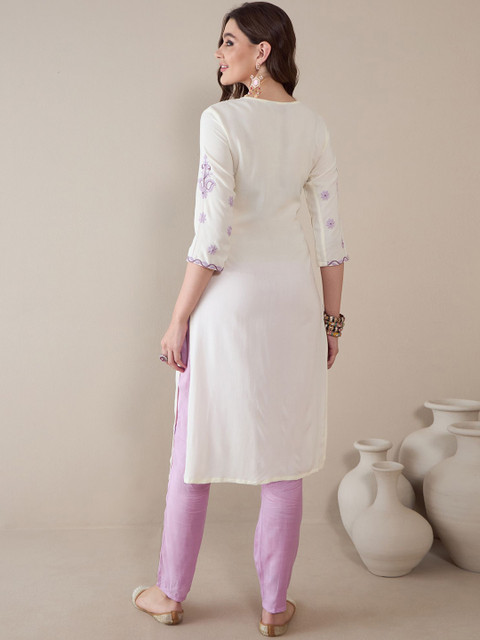 Anouk Floral Embroidered Thread Work Regular Straight Kurta - Image 4