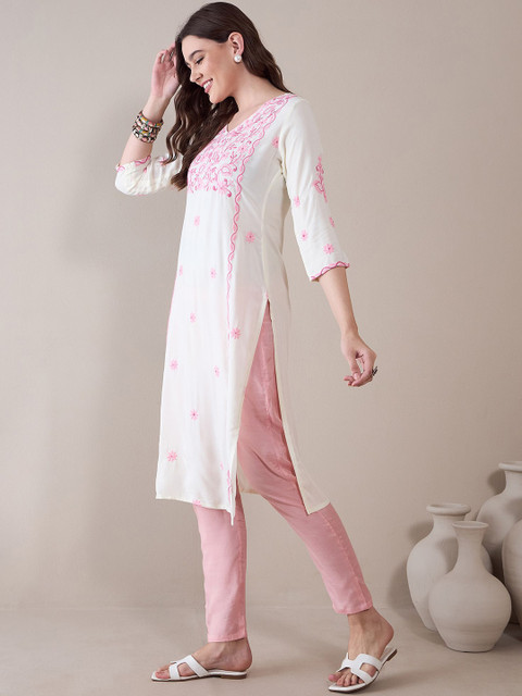 Anouk Floral Embroidered Thread Work Regular Straight Kurta - Image 4