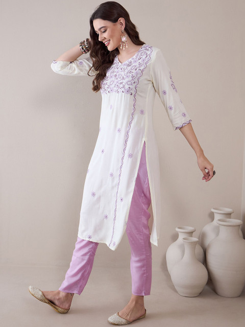 Anouk Floral Embroidered Thread Work Regular Straight Kurta - Image 3