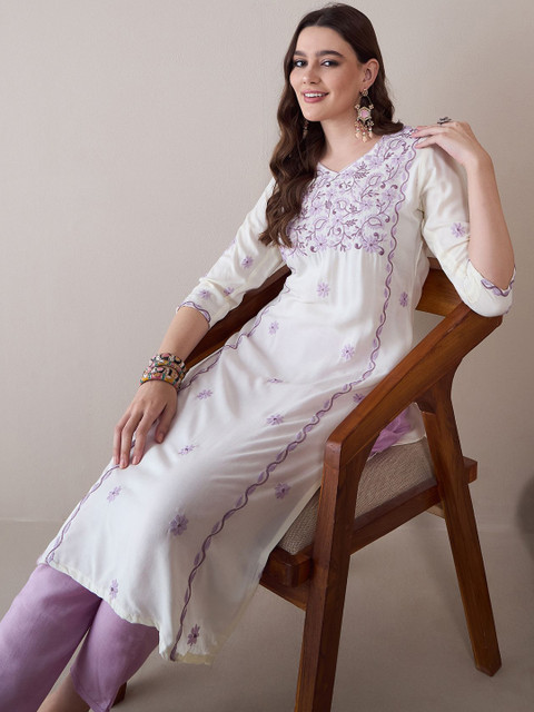 Anouk Floral Embroidered Thread Work Regular Straight Kurta - Image 5