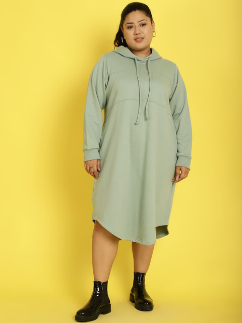 theRebelinme Women Plus Size Cotton Hooded A-Line Midi Dress
