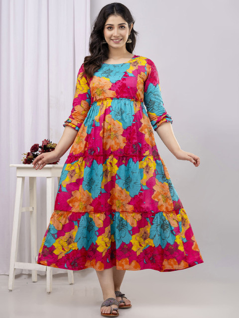 VARICOS Pure Cotton Printed Pregnancy Wear Maternity Maxi Dress With Nursing Zipper