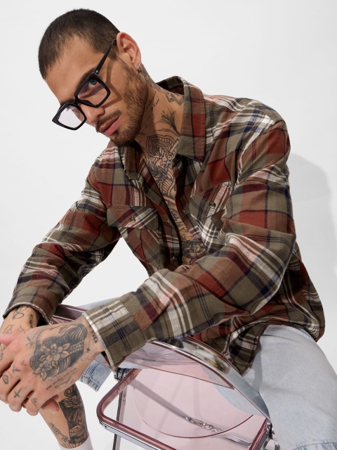 The Souled Store Men Spread Collar Tartan Checked Cotton Casual Shirt