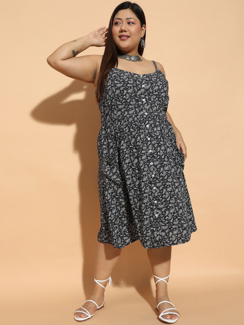 Oxolloxo Women Abstract Printed Shoulder Straps Fit & Flare Plus Size Casual Dress