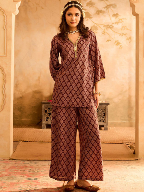 Bani Women Geometric Embroidered V-Neck Tunic With Palazzos