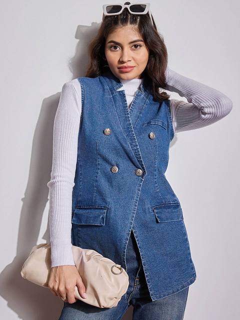 SASSAFRAS Women Lapel Collar Washed Solid Casual Denim Jacket