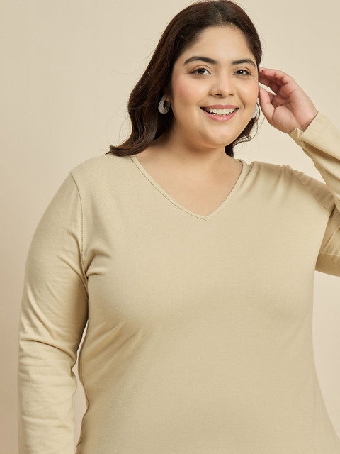 CURVY STREET Solid V-Neck Pure Cotton Plus Size T-shirt - Image 2