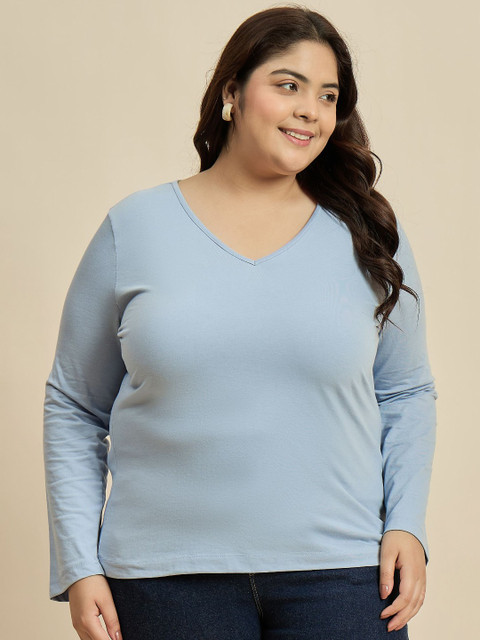 CURVY STREET Solid V-Neck Pure Cotton Plus Size T-shirt