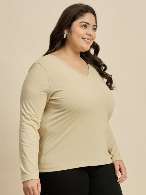 CURVY STREET Solid V-Neck Pure Cotton Plus Size T-shirt - Image 3