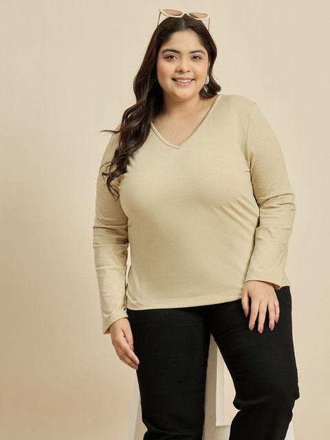 CURVY STREET Solid V-Neck Pure Cotton Plus Size T-shirt - Image 6