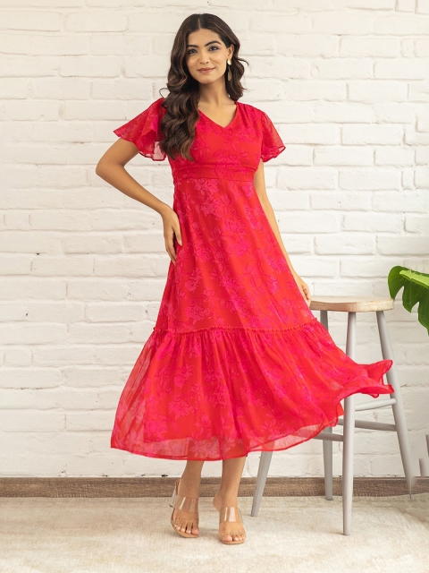 Polago Clothing Women Flutter Sleeve Georgette A-Line Midi Dress