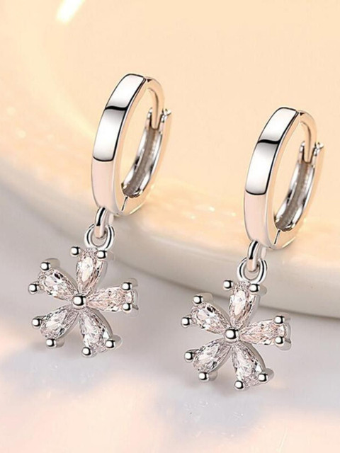 MYKI Silver-Plated Stainless Steel Cubic Zirconia Stone Studded Floral Hoop Earrings