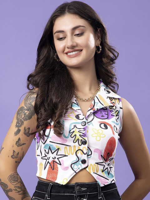 Popwings Geometric Printed V Neck Sleeveless Waistcoat