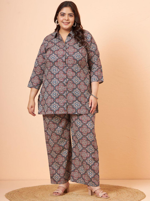 Tissu Plus Size Floral Printed Pure Cotton Shirt With Palazzos