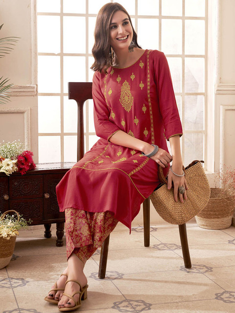 Anouk Red Ethnic Motifs Embroidered Straight Kurta With Palazzos - Image 6