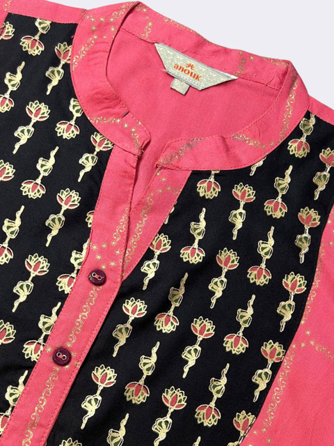 Anouk Red & Black Floral Printed Mandarin Collar Straight Kurta With Palazzos - Image 2