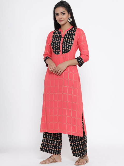 Anouk Red & Black Floral Printed Mandarin Collar Straight Kurta With Palazzos - Image 5