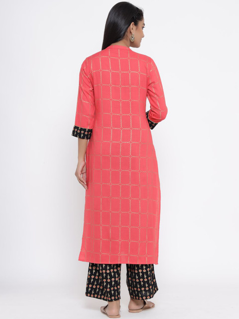 Anouk Red & Black Floral Printed Mandarin Collar Straight Kurta With Palazzos - Image 4