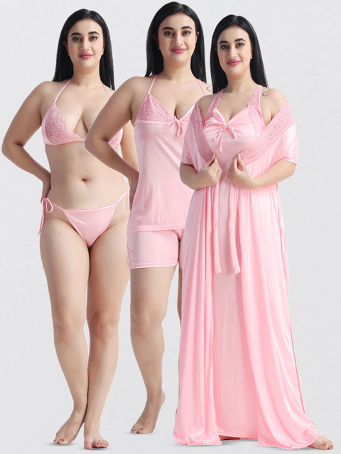 NIGHT KEYS Women Pack Of 6 Soild Satin Maxi Nightdress