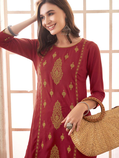 Anouk Red Ethnic Motifs Embroidered Straight Kurta With Palazzos - Image 7