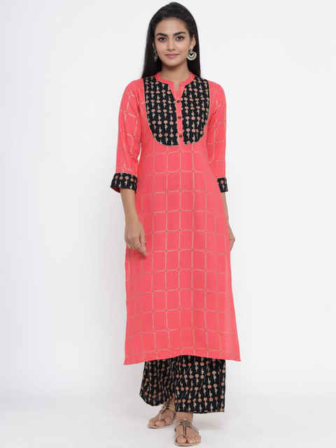 Anouk Red & Black Floral Printed Mandarin Collar Straight Kurta With Palazzos