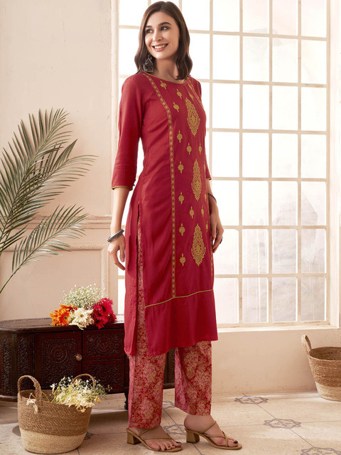 Anouk Red Ethnic Motifs Embroidered Straight Kurta With Palazzos - Image 3