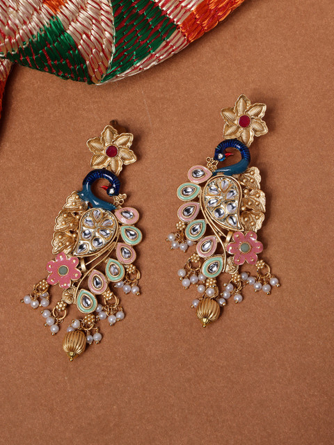 PANASH Gold Plated Cubic Zirconia Peacock Shaped Drop Earrings