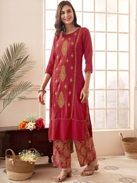 Anouk Red Ethnic Motifs Embroidered Straight Kurta With Palazzos