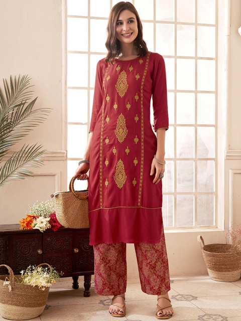 Anouk Red Ethnic Motifs Embroidered Straight Kurta With Palazzos - Image 4