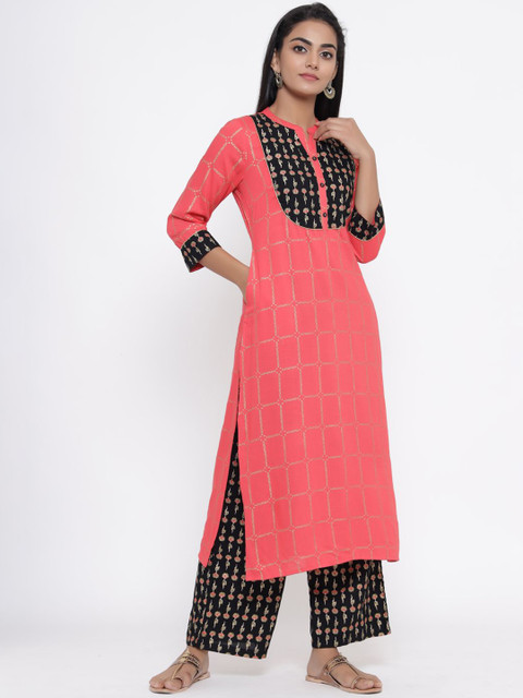 Anouk Red & Black Floral Printed Mandarin Collar Straight Kurta With Palazzos - Image 3