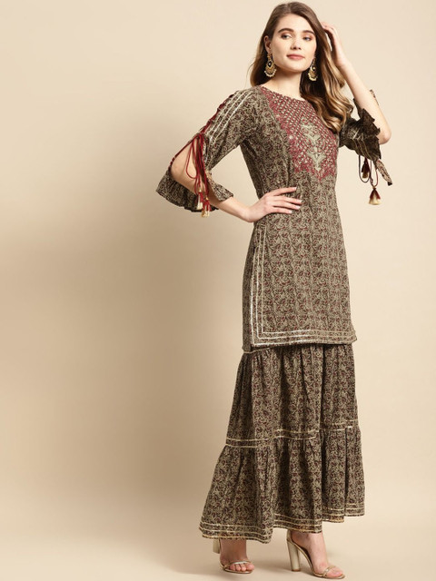 Anouk Floral Printed Regular Pure Cotton Straight Kurta with Skirt - Image 2