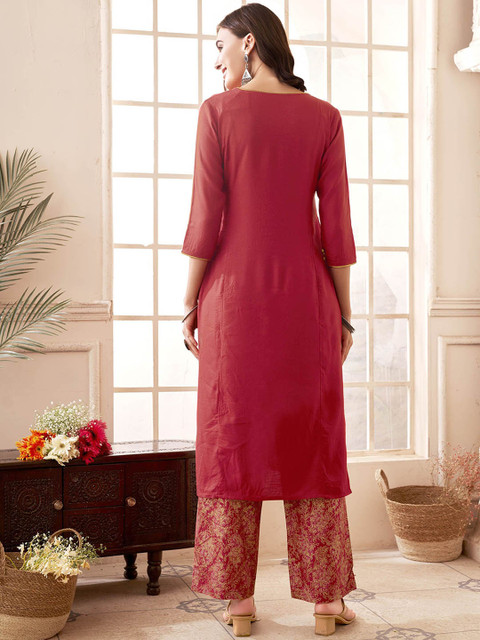 Anouk Red Ethnic Motifs Embroidered Straight Kurta With Palazzos - Image 5
