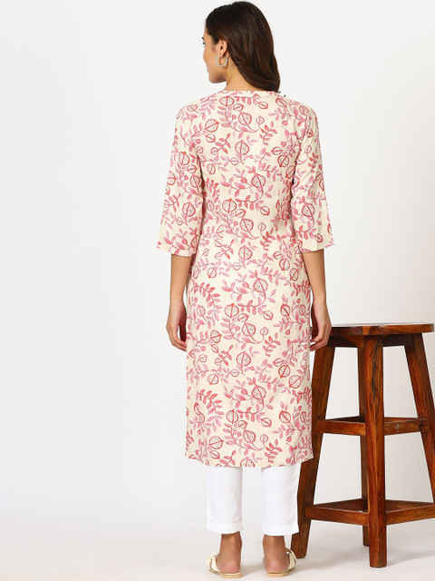 W Beige Floral Printed Mandarin Collar Three-Quarter Sleeves Regular Straight Kurta - Image 5