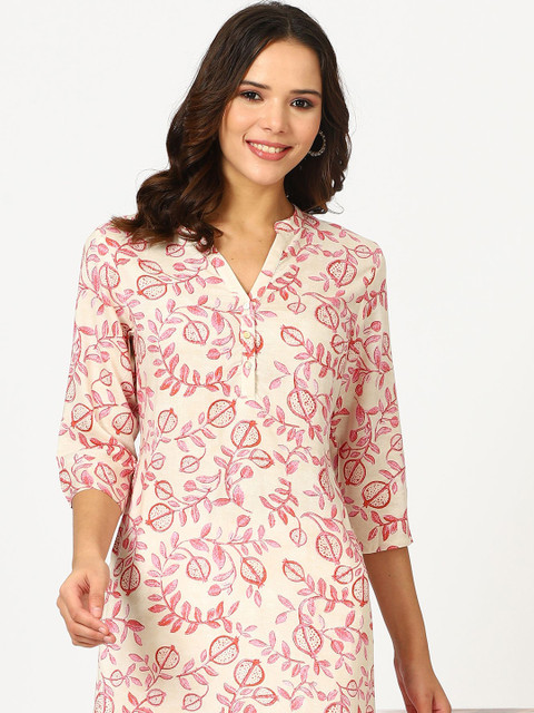W Beige Floral Printed Mandarin Collar Three-Quarter Sleeves Regular Straight Kurta - Image 6