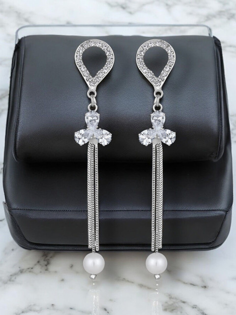 Stefan Silver-Plated Contemporary American Diamond Artificial Pearl Beaded Drop Earrings