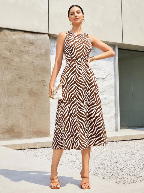 OMPAX Women Animal Print A-Line Midi Dress