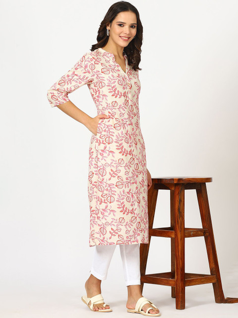 W Beige Floral Printed Mandarin Collar Three-Quarter Sleeves Regular Straight Kurta - Image 3