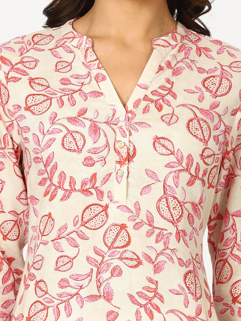 W Beige Floral Printed Mandarin Collar Three-Quarter Sleeves Regular Straight Kurta - Image 2