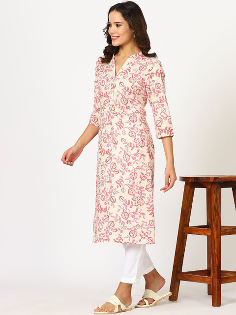 W Beige Floral Printed Mandarin Collar Three-Quarter Sleeves Regular Straight Kurta - Image 4