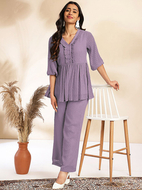 Janasya Self-Design V-Neck Tunic With Trousers - Image 5