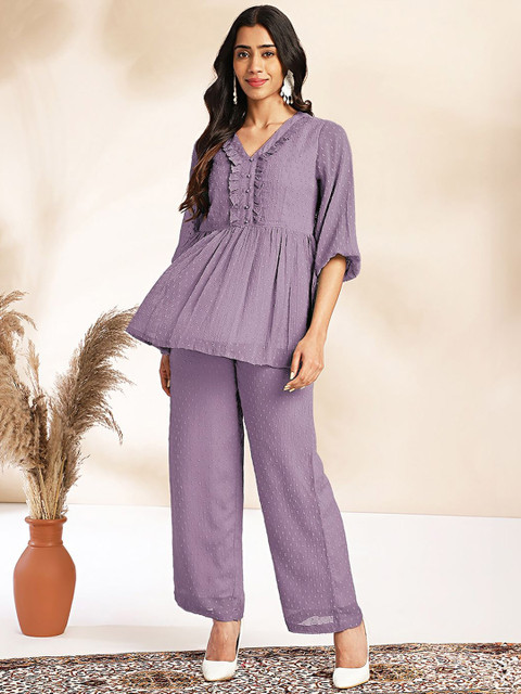 Janasya Self-Design V-Neck Tunic With Trousers