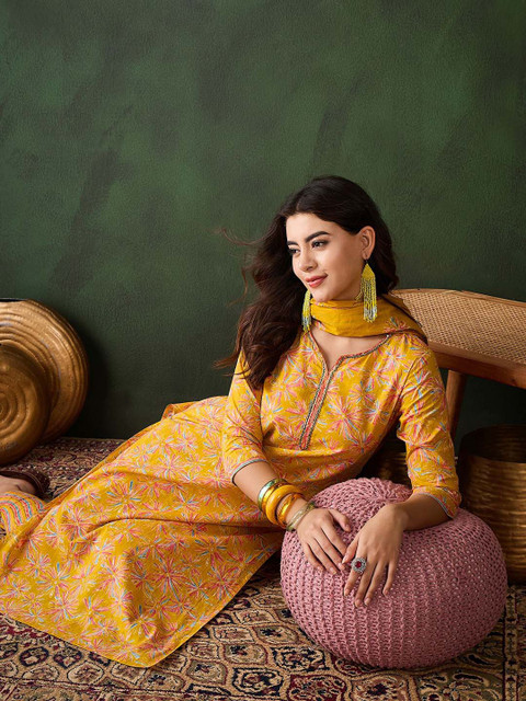 Sangria Floral Printed Sequinned V-Neck Straight Kurta & Trouser With Dupatta