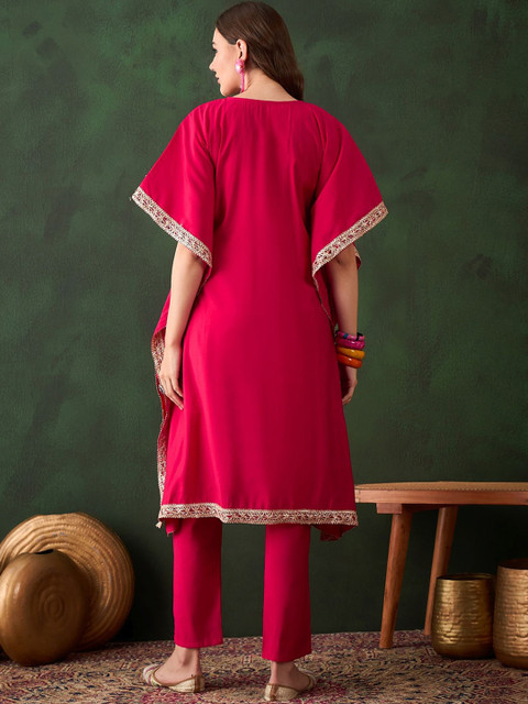 Sangria Geometric Embroidered & Mirror Work Kaftan Kurta With Trouser - Image 5