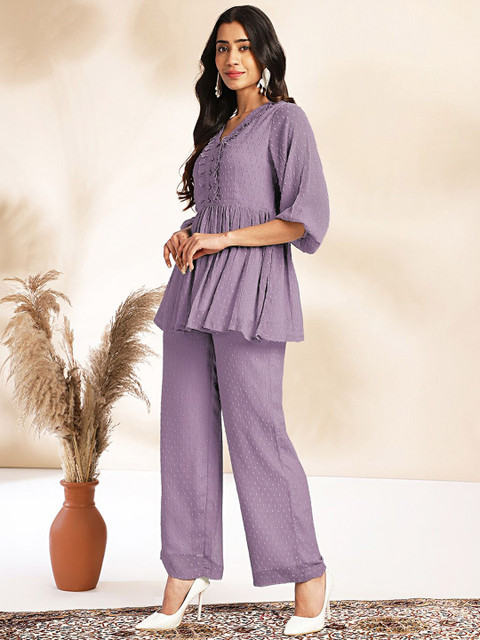 Janasya Self-Design V-Neck Tunic With Trousers - Image 3