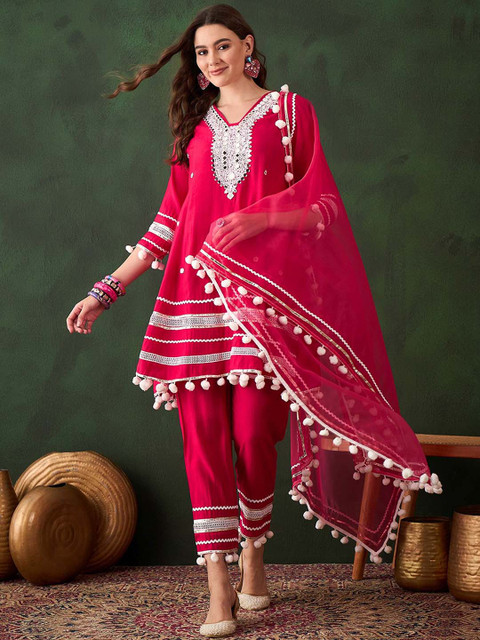 Sangria Pink Floral Embroidered Mirror Work A-Line Kurta With Trousers & Dupatta