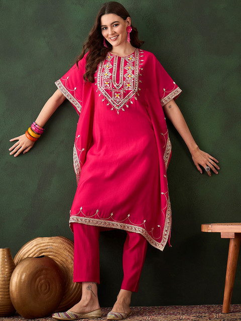 Sangria Geometric Embroidered & Mirror Work Kaftan Kurta With Trouser - Image 7