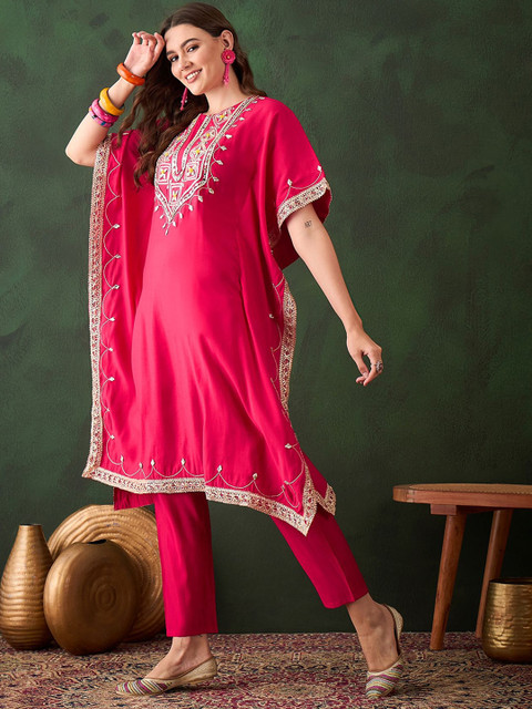 Sangria Geometric Embroidered & Mirror Work Kaftan Kurta With Trouser - Image 4