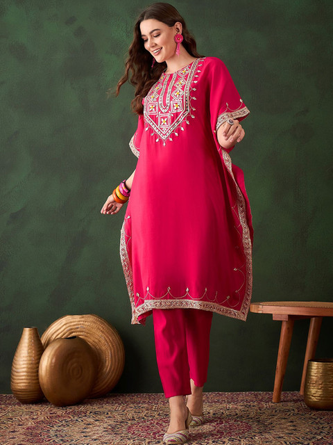 Sangria Geometric Embroidered & Mirror Work Kaftan Kurta With Trouser